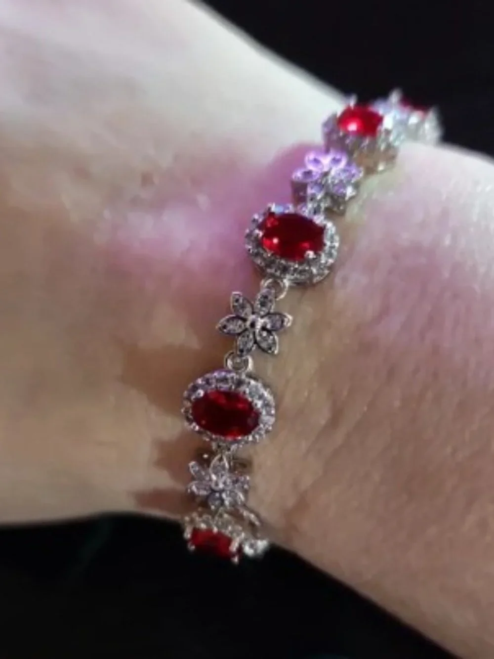 Silver Ruby Bracelet - Red Oval Gemstone Tennis Style